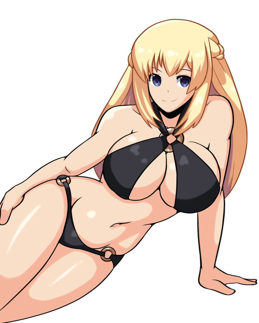 1girls arm_support big_breasts blonde_hair blue_eyes breasts busty cleavage confident female female_only goddess highres iggy-bomb large_breasts legs long_hair looking_at_viewer navel neptunia_(series) o-ring_bikini pose posing sensual shiny shiny_skin simple_background smile solo thick_thighs thighs vert white_background