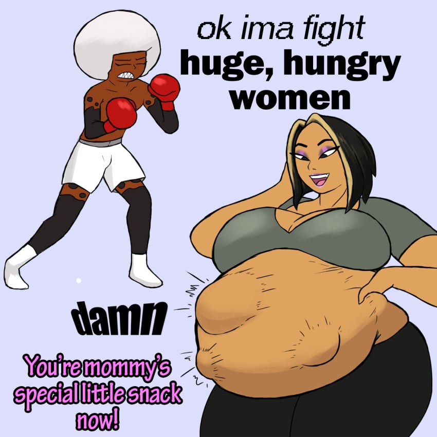 bbw belly belly_bulge big_belly big_belly_bulge big_breasts boxer breasts dark-skinned_male dark_skin diamondm female_pred height_difference instant_loss larger_female looking_at_belly male_prey meme milf milf_pred multicolored_hair oral_vore post_vore pre_vore size_difference smaller_male soft_vore squirming squirming_gut struggling struggling_prey talking_to_prey unwilling_prey vore vore_belly white_hair willing_pred