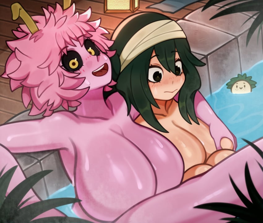 2girls alternate_breast_size antennae ass asui_tsuyu big_breasts black_sclera breast_grab breasts completely_nude completely_nude_female covering_breasts curly_hair female green_hair huge_breasts izuku_midoriya looking_at_viewer melonpuff mina_ashido multiple_girls my_hero_academia nude nude_female pink_body pink_hair pink_skin plushie thick_thighs thighs tsuyu_asui yellow_eyes yuri