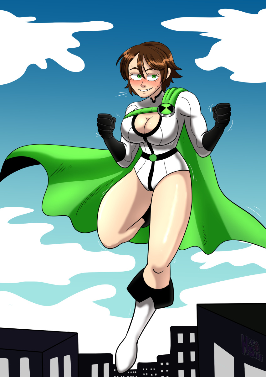 1girls ben_10 ben_tennyson bimbo cleavage dc dc_comics female female_ben female_only fully_clothed gender_transformation genderswap_(mtf) huge_ass huge_breasts implied_transformation kryptonian msmystica mtf_transformation omnitrix post_transformation power_ben power_girl_(cosplay) wide_hips