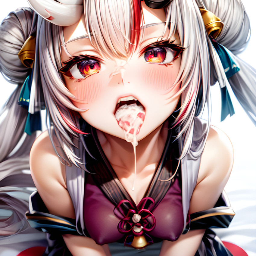 1girls ai_generated cum cum_in_mouth hi_res hololive horns kimono nakiri_ayame nipple_bulge open_mouth red_eyes stable_diffusion twin_buns twintails virtual_youtuber