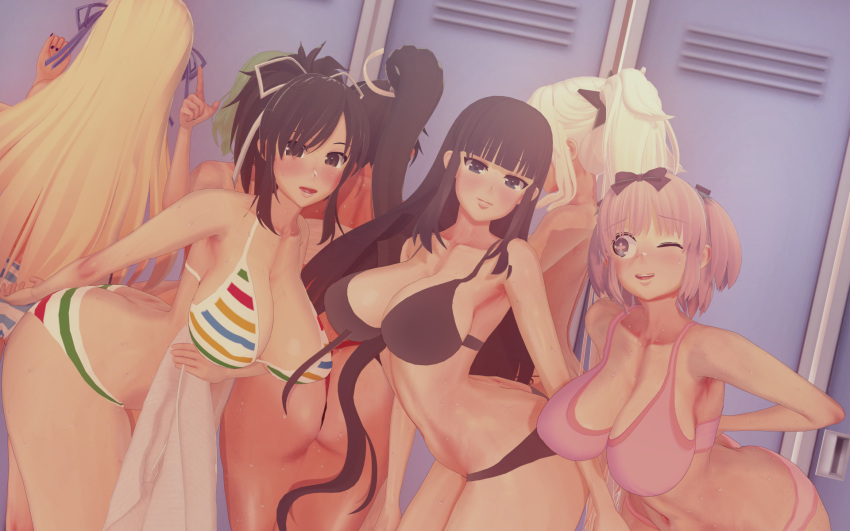 3d 6+girls 7girls asuka_(senran_kagura) black_hair blonde_hair bra brown_hair changing_room cross-shaped_pupils embarassed half_naked hibari_(senran_kagura) hikage_(senran_kagura) homura_(senran_kagura) ikaruga_(senran_kagura) katsuragi_(senran_kagura) koikatsu locker_room looking_at_viewer one_eye_closed panties pink_hair ponytail senran_kagura senran_kagura_(series) white_hair yagyuu_(senran_kagura)