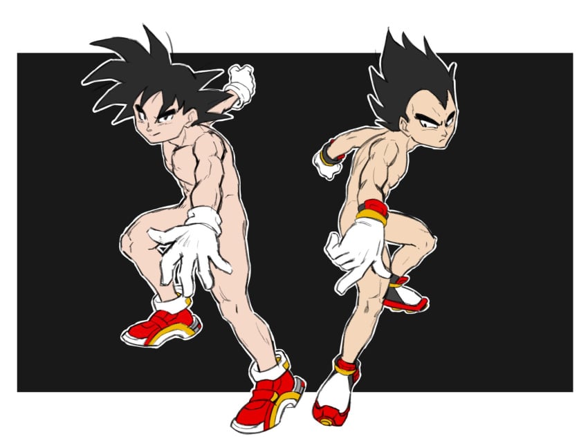 2boys arm_up arms_up black_background black_eyes black_hair border closed_mouth commentary convenient_arm cosplay dragon_ball english_commentary full_body gloves happy highres looking_at_viewer male_focus male_only marvelpoison multicolored_footwear multiple_boys nude outline outside_border outstretched_arm outstretched_arms red_footwear sega shadow_the_hedgehog_(cosplay) shoes short_hair simple_background smile son_goku sonic_(series) sonic_adventure_2 sonic_the_hedgehog_(cosplay) sonic_the_hedgehog_(series) spiked_hair standing symmetry toned v-shaped_eyebrows vegeta white_border white_gloves white_outline