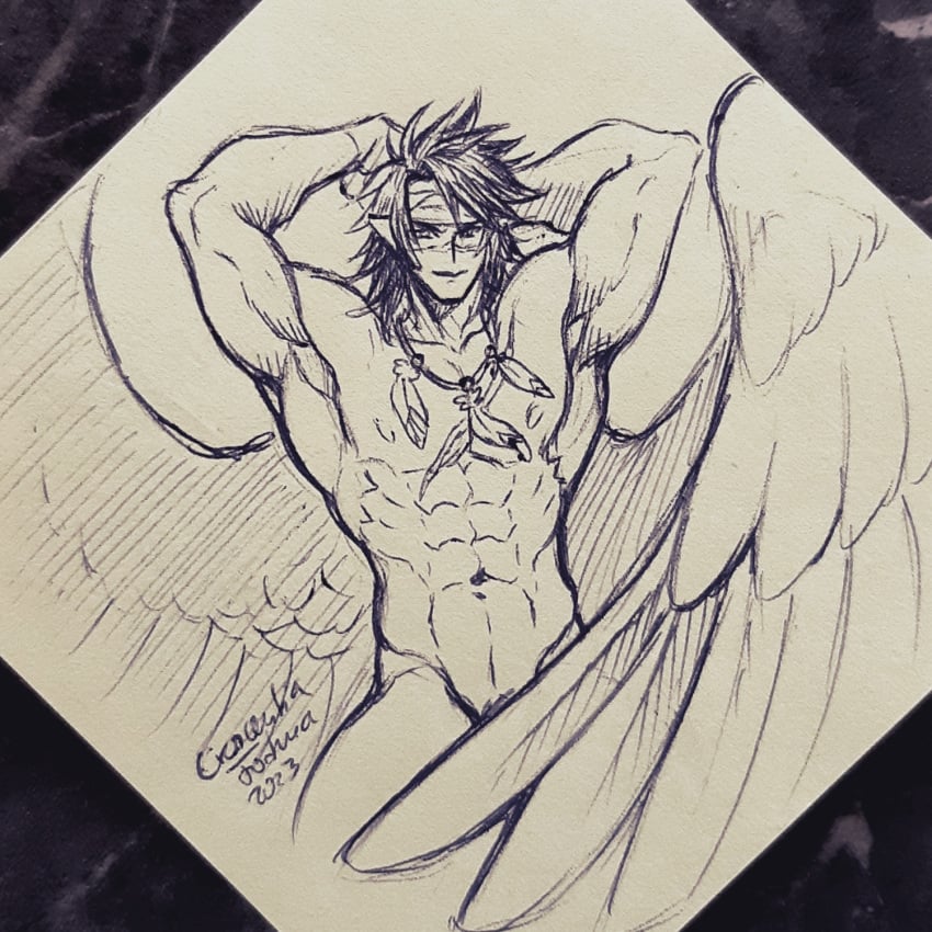 1boy armpits arms_behind_head bird_boy covering covering_crotch crescentia fire_emblem fire_emblem:_radiant_dawn looking_at_viewer male male_only medium_hair muscular muscular_male nintendo smile solo tibarn_(fire_emblem) traditional_media_(artwork) wings