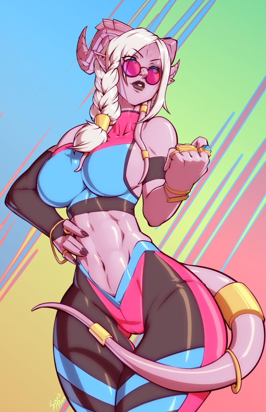 1girls big_breasts braid draenei glasses gym_clothes gym_uniform horns long_fingernails long_nails midriff pink_eyes sideboob svenners svenspronfest tail warcraft white_hair