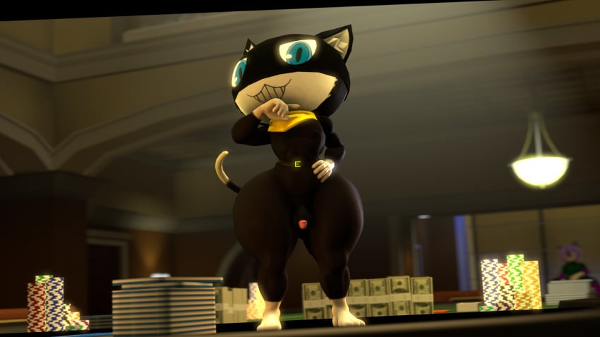 3d anthro big_ass big_butt black_body black_fur bottom_heavy bubble_ass bubble_butt casino cat_ears cat_tail curvy curvy_figure feline femboy feminine_male hand_on_face hand_on_hip looking_at_viewer male_focus male_only mask morgana_(persona) persona persona_5 sfm shortstack shortstack_femboy small_balls small_penis smug smug_face smug_grin solo_male source_filmmaker standing thick_thighs uncle_aiden white_fur wide_hips