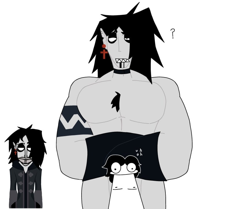 ayo_grim_got_a_redesign_now_he_big_man ballzz black_hair chest_hair crossed_arms ear_piercing gay gloves grim_(ballzz) i_will_bite_woopguy_if_they_say_it_grr incredibox oc original_character pointy_ears standing_over tattoo toony uh_oh_polos_bouta_be_sexed white_eyes white_skin