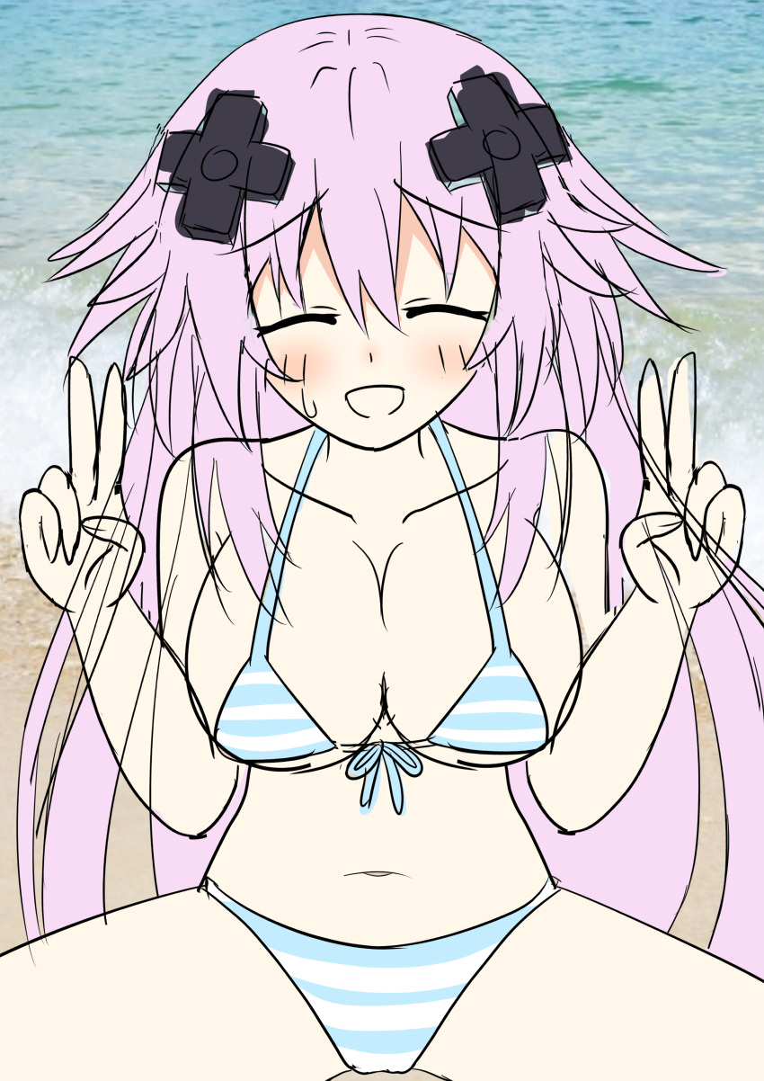 1girls adult_neptune beach big_breasts bikini breasts busty cleavage closed_eyes double_v female female_only highres large_breasts legs navel neptunia_(series) ocean open_mouth pose posing purple_hair smile spread_legs swimsuit thighs v water