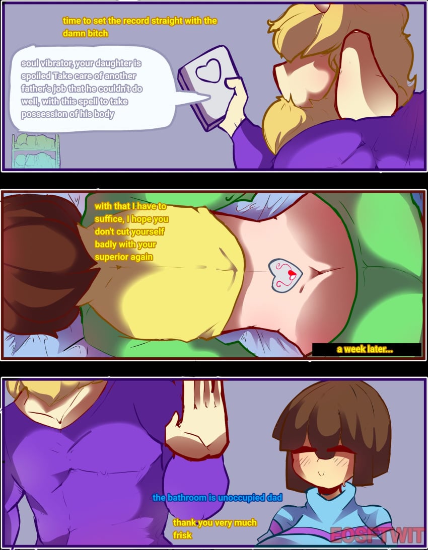 1boy 1boy1girl 1girls asgore_dreemurr blonde_beard blonde_hair brown_hair chara eosftwit frisk goat red_eyes tagme undertale undertale_(series)