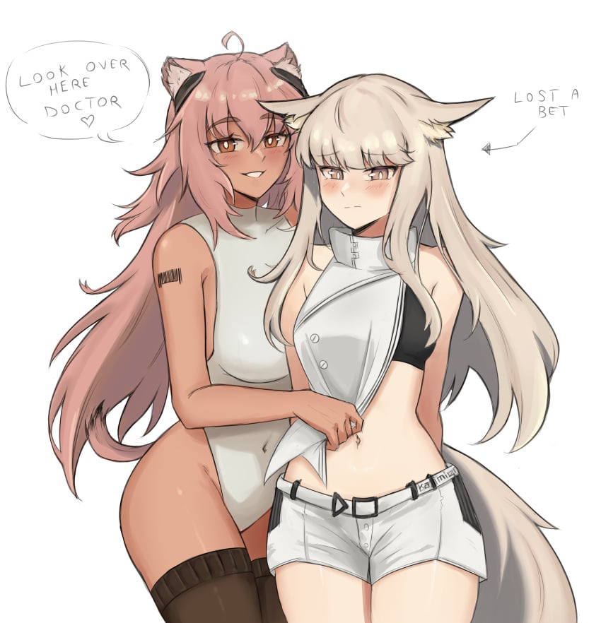 2girls ahoge animal_ears arknights barcode barcode_tattoo bare_shoulders belly black_legwear blush brown_eyes cream_hair embarrassed english_text fangsod female female_only gravel_(arknights) grey_eyes half-closed_eyes highres hips kemonomimi legwear leotard light-skinned_female long_hair looking_at_viewer looking_away midriff navel navel_visible_through_clothes pink_hair platinum_(arknights) shorts smirk spoken_heart standing stockings stomach tail talking_to_viewer tan_body tan_skin tanned text thighhighs thighs tight_clothing topwear tubetop waist white_background white_hair