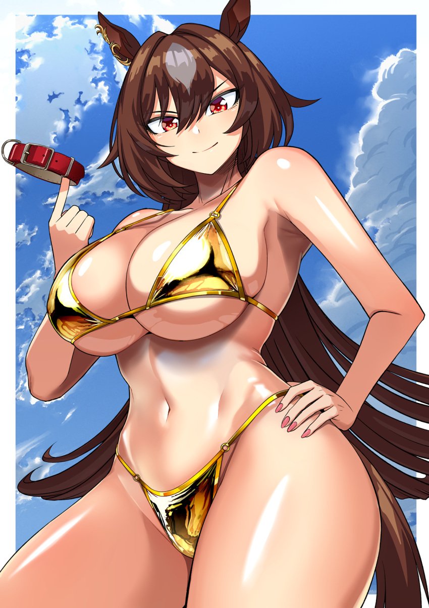 1girls armpit_peek big_breasts bikini breasts brown_eyes brown_hair busty cleavage collarbone gold_bikini hand_on_hip highres large_breasts long_hair looking_at_viewer navel pose posing sideboob sirius_symboli_(umamusume) smile thick_thighs thighs toned umamusume very_long_hair voluptuous