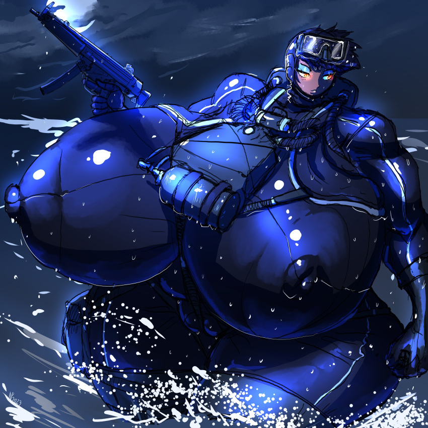 1girls 2023 big_breasts big_nipples black_bodysuit bodysuit breasts dark-skinned_female dark_skin diving_mask diving_mask_on_head diving_suit female female_focus fully_clothed gausscannon gigantic_breasts gigantic_thighs gun holding_gun huge_breasts huge_thighs hyper hyper_breasts hyper_thighs large_breasts large_nipples looking_away night nipple_bulge nipples ocean original_character short_hair solo solo_focus thick_thighs tight_bodysuit tight_clothing water wide_hips