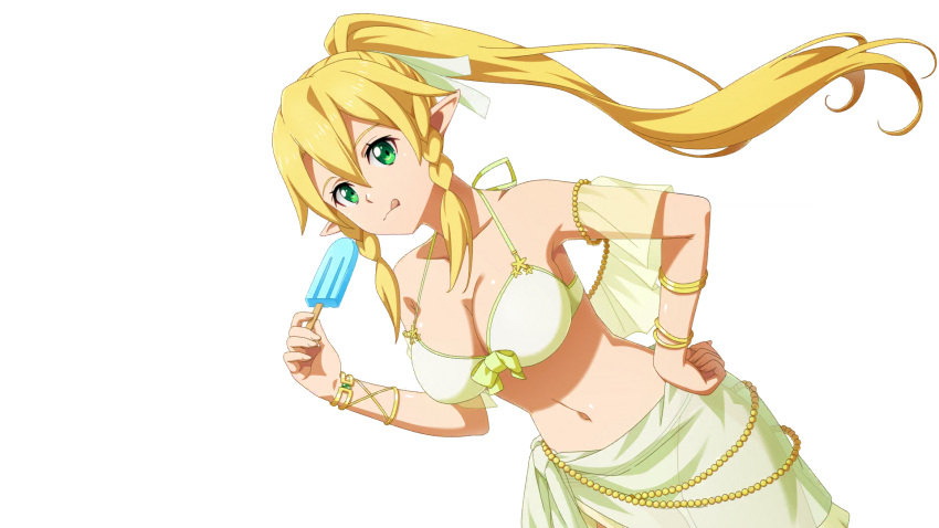 1girls big_breasts bikini blonde_hair breasts busty cleavage elf female female_only green_eyes hand_on_own_hip large_breasts leafa legs long_hair looking_at_viewer navel official_art pointy_ears ponytail pose posing sarong solo swimsuit sword_art_online thighs tongue tongue_out white_bikini