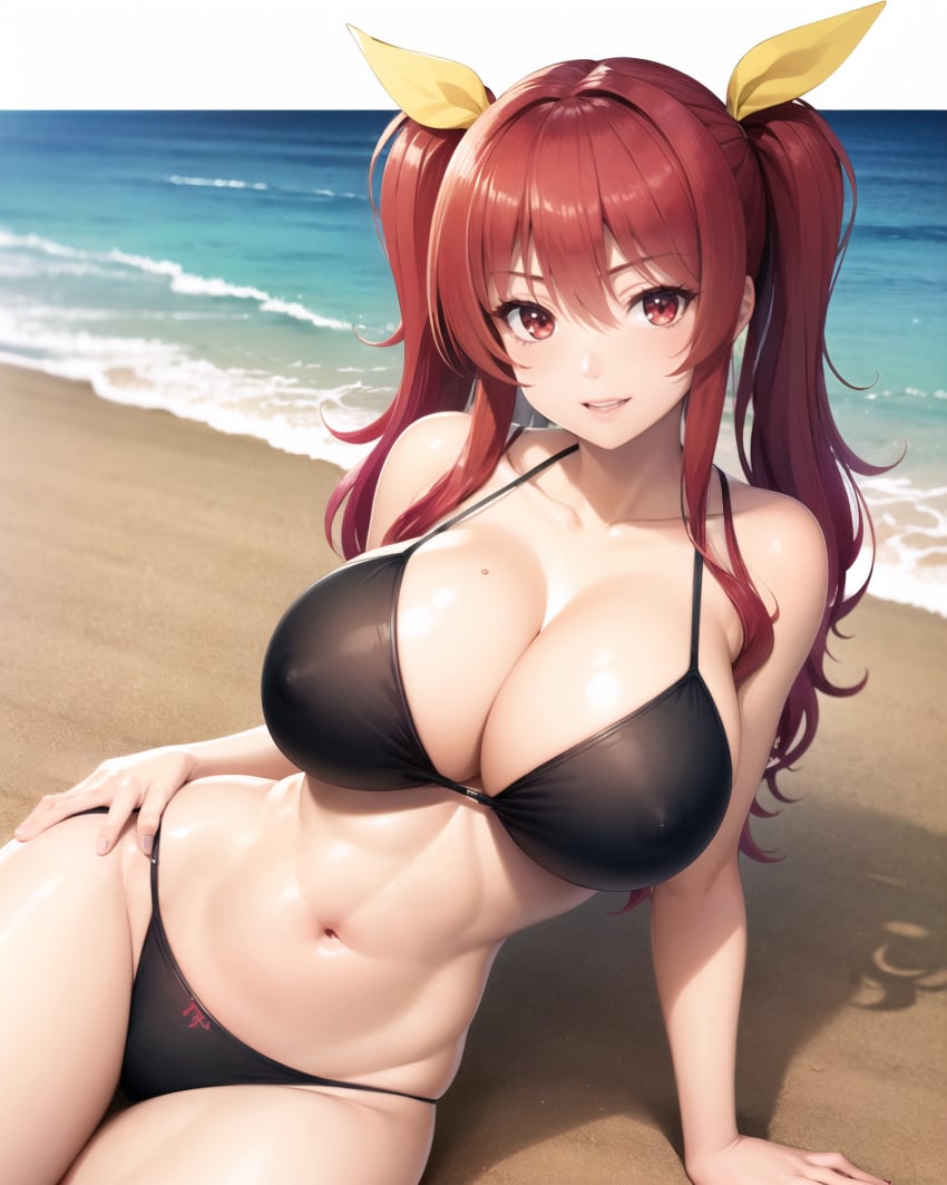 1girls 2023 ai_generated beach big_breasts bikini black_bikini blue_sky cleavage clouds detailed female female_only hair_ribbon hi_res highres illumaru large_breasts long_hair long_red_hair looking_at_viewer mountain navel nipples_visible_through_clothing ocean open_mouth pose posing rakudai_kishi_no_cavalry red_eyes red_hair ribbon sand sitting solo stable_diffusion stella_vermillion thick_thighs thighs twintails water