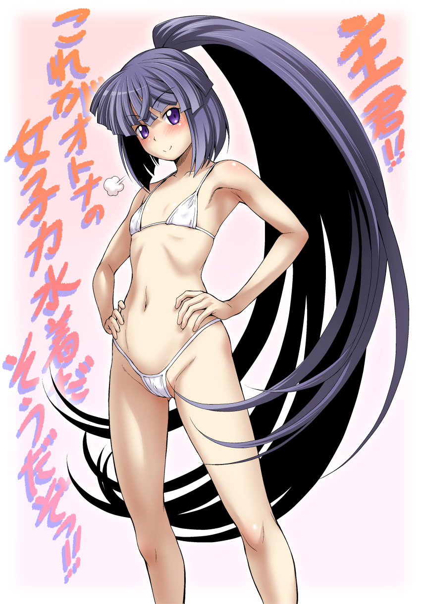 >:) 1girls akatsuki_(log_horizon) armpits bikini blunt_bangs blush breasts collarbone confident covered_erect_nipples female female_only hands_on_own_hips highres japanese_text kouda_tomohiro log_horizon long_hair micro_bikini navel ponytail pose posing purple_eyes purple_hair seductive_smile sensual small_breasts smile solo string_bikini swimsuit translation_request v-shaped_eyebrows very_long_hair white_bikini