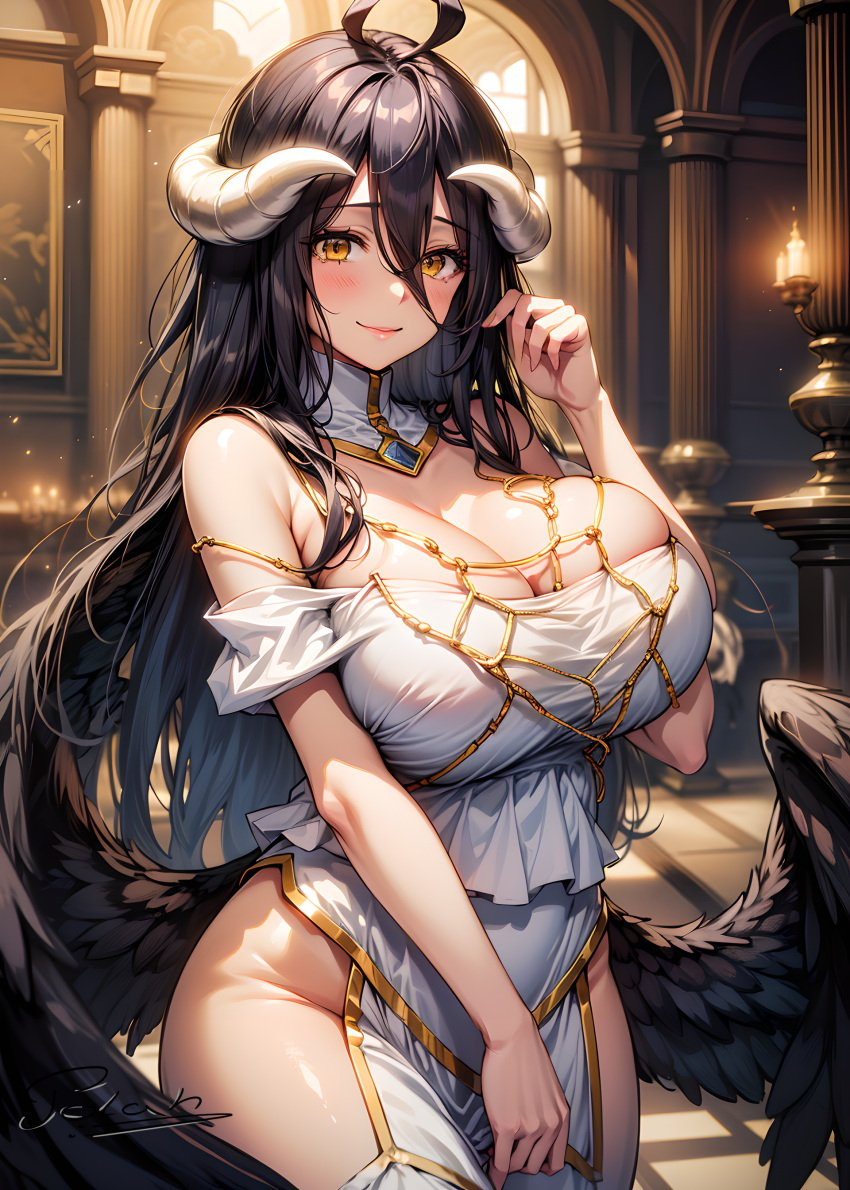 1girls ai_generated albedo_(overlord) black_hair clothed horns long_hair looking_at_viewer overlord_(maruyama) polah_u succubus tagme wings