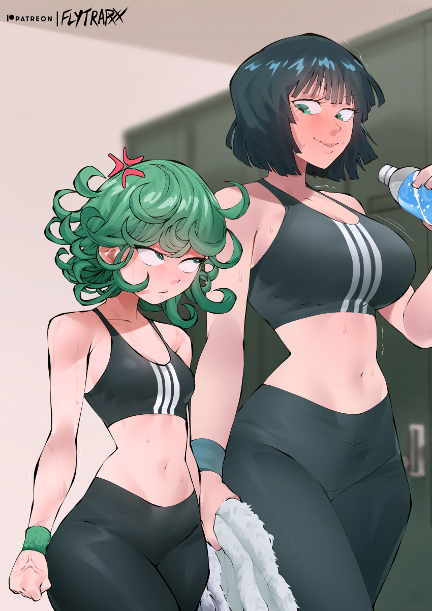 2girls anger_vein bare_shoulders belly big_breasts blush breast_envy breast_size_difference breasts embarrassed esper_sisters female female_only flytrapxx fubuki_(one-punch_man) full-face_blush green_eyes green_hair height_difference holding_bottle holding_towel indoors large_breasts light-skinned_female looking_at_another medium_support_(meme) meme midriff navel one-punch_man short_hair sisters small_breasts sports_bra sportswear standing stomach sweat sweatdrop tatsumaki tight_clothing topwear trembling waist wavy_mouth wide_hips yoga_pants