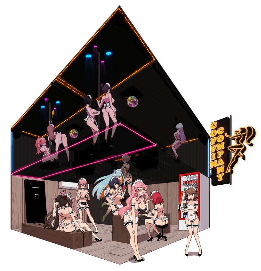 6+girls absurdres air_conditioner anger_vein apron ass bad_id bad_pixiv_id bar bare_arms bare_shoulders bikini black_footwear black_hair blue_hair blush breasts brown_hair camera ceiling_light character_request cleavage collarbone counter:side dance_floor deliciousmeatart disco_ball frilled_apron frills from_behind g-string green_footwear hair_between_eyes hair_pulled_back hayami_sanae headphones heart high_heels highres hilde_(counter:side) holding korean_commentary large_breasts lee_soo-yeon lily_(counter:side) long_hair lycoris_(character) lycoris_(counter:side) maid maid_bikini maid_day maid_headdress medium_hair multiple_girls na_heerin navel nicole_(counter:side) open_mouth panties paper pink_eyes pink_hair rachel_dodds red_eyes red_hair see-through seo_yoon shadow short_hair sideboob sigma_(counter:side) simple_background sitting small_breasts spread_legs squatting standing string_panties stripper_pole sweat swimsuit sylvia_lena_cooper teeth thigh_strap thighs thong unconventional_maid underwear upper_teeth_only vending_machine veronica_(counter:side) white_background white_hair wooden_floor writing yoo_mina