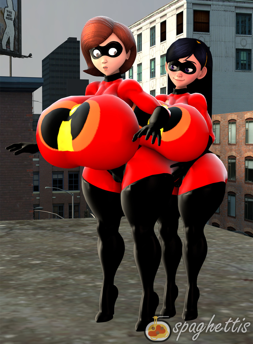 2girls 3d 3d_(artwork) big_ass big_breasts bodysuit breasts_bigger_than_head clothed elastigirl female female_only helen_parr huge_ass huge_breasts mother_and_daughter spaghettis_(artist) the_incredibles violet_parr yuri