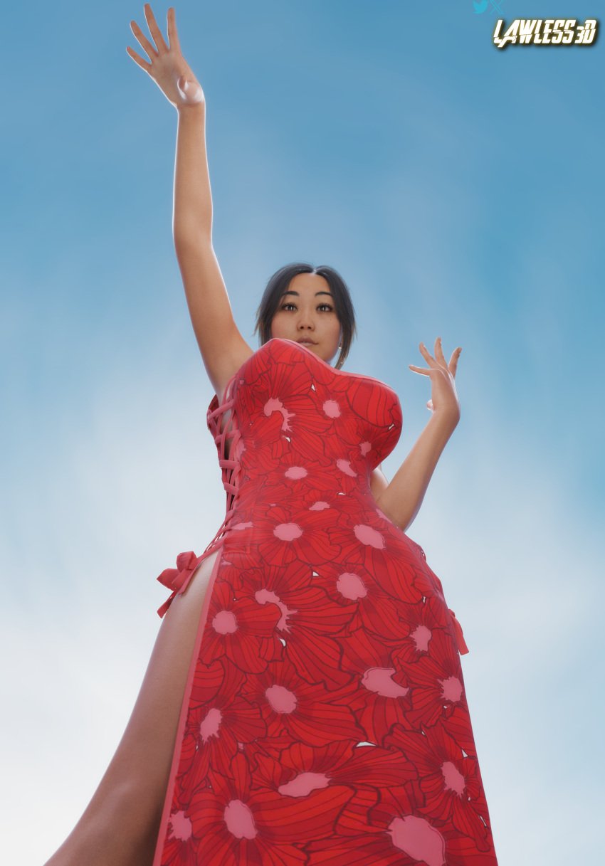 1girls 3d alternate_version_available armpits asian asian_female dani_nakamura dress female female_only fully_clothed karen_fukuhara lawless3d pose red_dress solo solo_female the_callisto_protocol