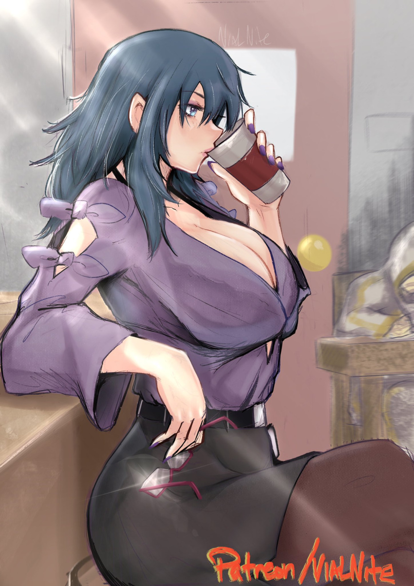 1girls baggy_eyes bags_under_eyes big_breasts blue_eyes blue_hair drink drinking female female_focus glasses glasses_off glasses_removed legs_crossed looking_away looking_off_screen looking_offscreen messy_hair side_boob side_view sideboob tagme vialnite