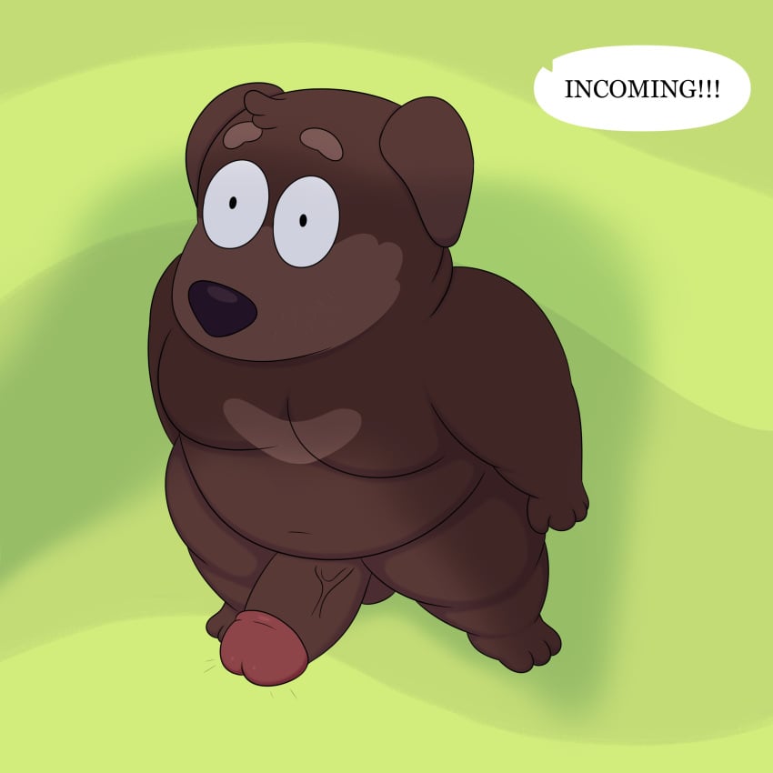 1boy 2023 absurd_res anthro balls bara big_penis bird_dog black_eyes black_nose bluey_(series) brown_body brown_ears brown_fur brown_hair canid canine canis colossalstars digital_media_(artwork) domestic_dog english_text fat fat_man fido_(bluey) fur gay genitals grass hi_res hunting_dog labrador male male_only mammal multicolored_body multicolored_fur obese obese_anthro obese_male offscreen_character overweight overweight_anthro overweight_male penis plant retriever shadow solo standing surprise surprised_expression text two_tone_body two_tone_fur vein veiny_penis wide_eyed