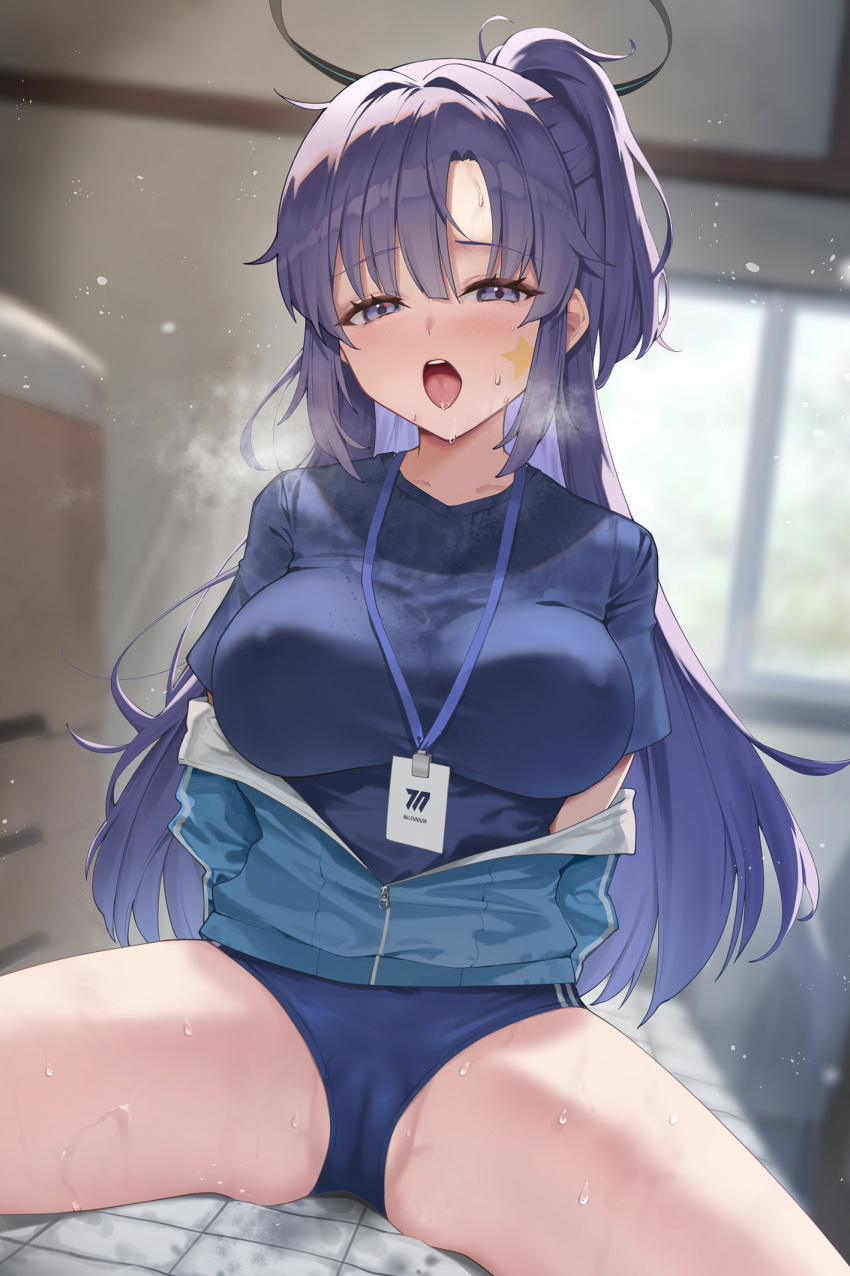 blue_archive cameltoe fang_qiao heavy_breathing horny huge_breasts in_heat millennium_science_school_logo_(blue_archive) millennium_science_school_student nipple_bulge open_legs plump_labia sitting sitting_on_floor steaming_body sweaty sweaty_thighs tongue_out yuuka_(blue_archive) yuuka_(gym_uniform)_(blue_archive)