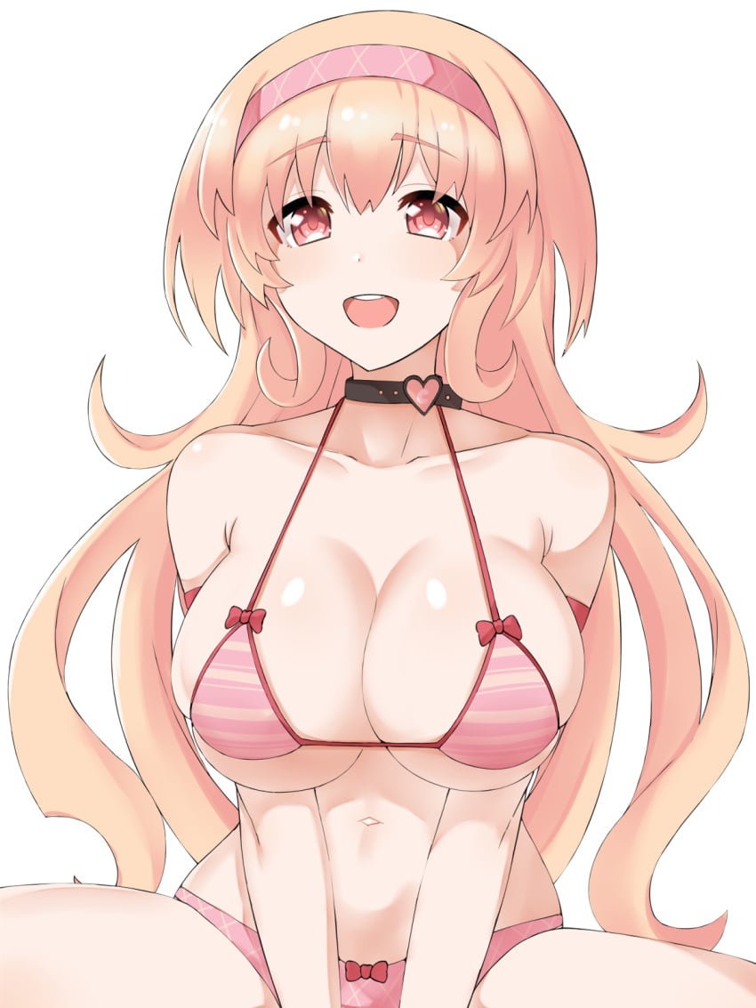 big_breasts bikini choker cleavage compa front_view hairband light-skinned_female long_hair neptunia_(series) open_mouth orange_eyes shiny_breasts simple_background sitting solo zatsu