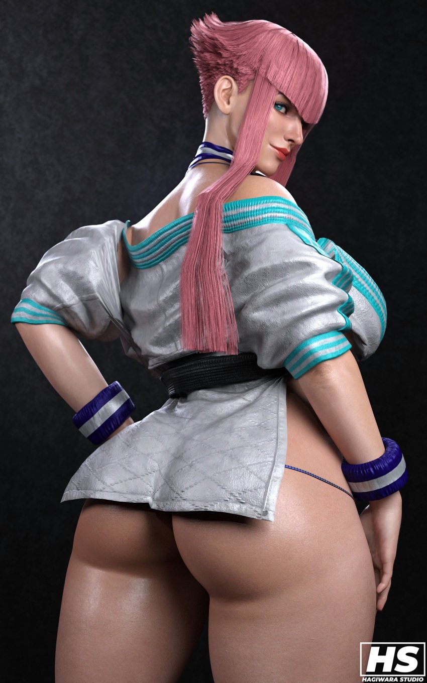 1girls 3d ass big_ass big_breasts bikini blue_eyes breasts capcom female female_only french french_female hagiwara_studio highres looking_back manon_legrand obi pink_hair short_hair_with_long_locks sidelocks solo street_fighter street_fighter_6 thick_thighs wristband