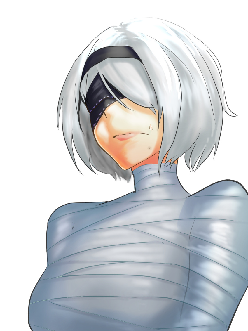 1girls android blindfold bondage bound embarrassed female female_only hairband hi_res mummification mummified nier:_automata restrained short_hair solo sweat sweatdrop tied tied_up white_background white_hair yorha_2b