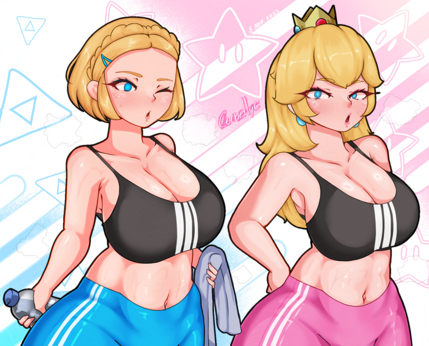 2girls adidas big_ass big_breasts blonde_hair blue_eyes breasts cleavage clothing cornellyc crossover crown female female_only highres long_hair mario_(series) medium_support_(meme) midriff multiple_girls nintendo pants princess_peach princess_zelda short_hair sports_bra standing sweating tagme tears_of_the_kingdom the_legend_of_zelda the_legend_of_zelda:_tears_of_the_kingdom towel water_bottle wink workout workout_clothes zelda_(tears_of_the_kingdom)