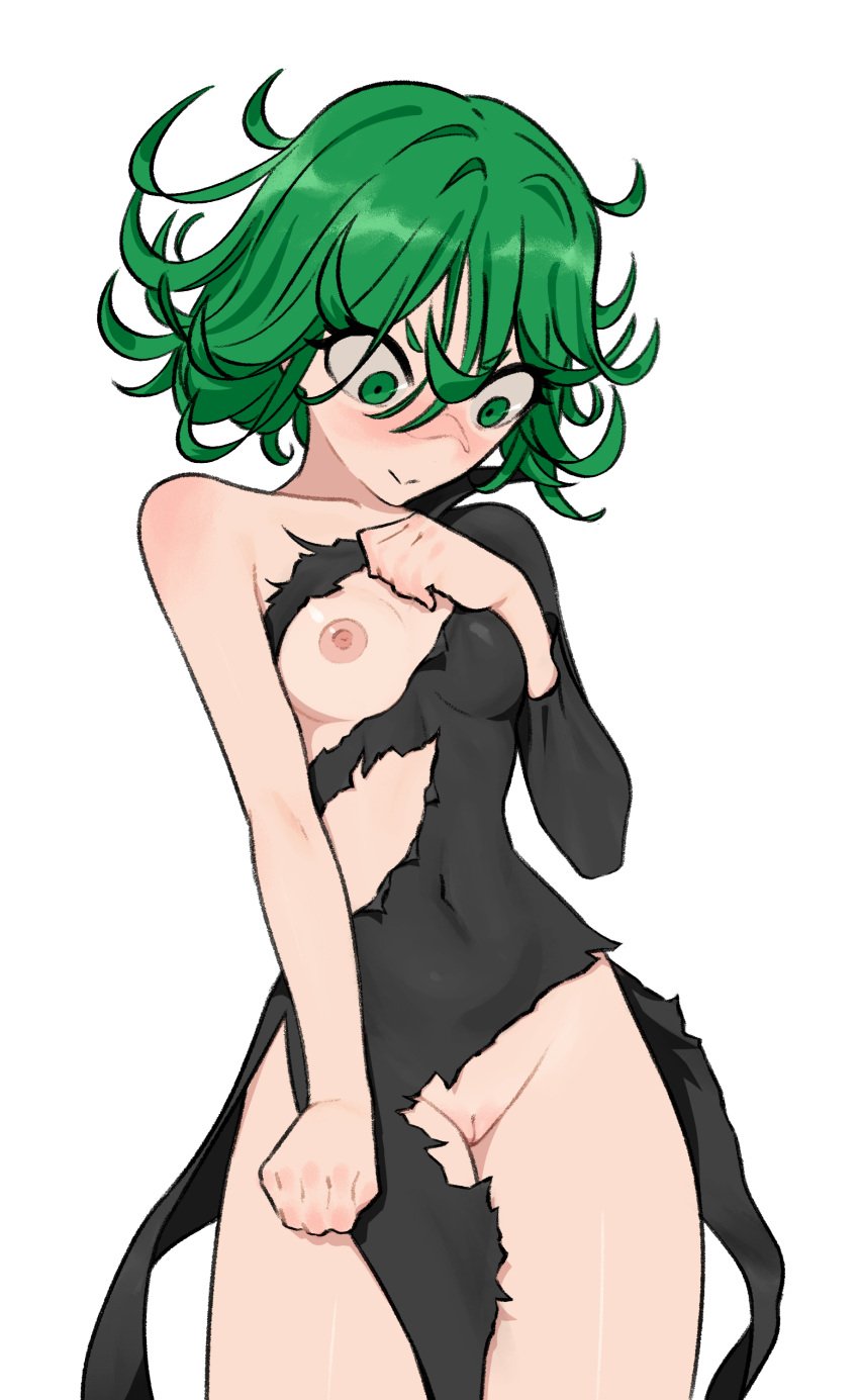 1girls female female_only green_eyes green_hair gurumo nipples one-punch_man patreon pussy solo tatsumaki torn_clothes white_background