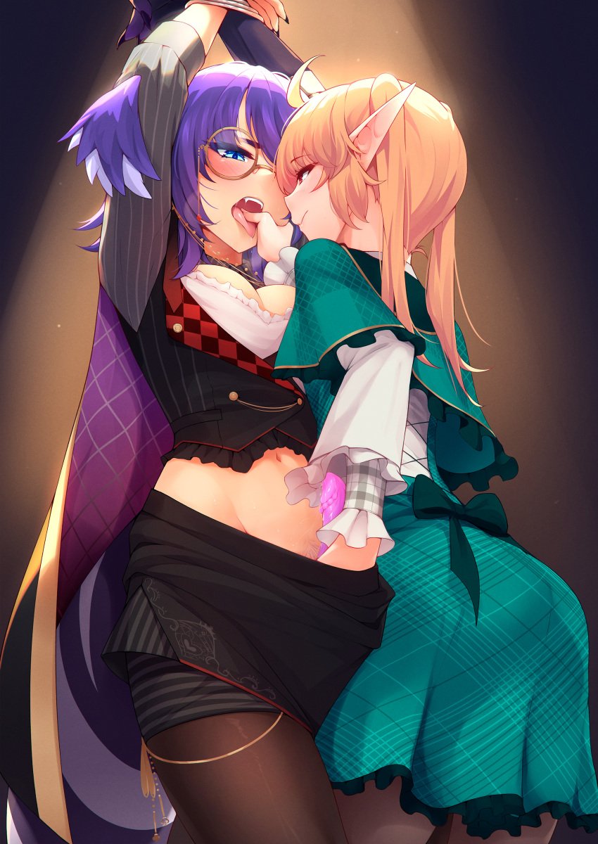 1futa 1girls absurdres big_breasts blonde_hair blue_eyes blush breasts clothed clothing dragon_girl dragon_penis duo erection female female_pubic_hair fully_clothed futa_on_female futanari glasses handjob head_wings highres human light-skinned_female light-skinned_futanari light_blue_eyes light_skin long_hair mostly_clothed multiple_girls nijisanji nijisanji_en open_mouth penis pointy_ears pomu_rainpuff pomu_rainpuff_(4th_costume) pubic_hair purple_hair purple_penis purple_pubic_hair ricegnat selen_tatsuki selen_tatsuki_(4th_costume) short_hair standing tongue tongue_out uncensored virtual_youtuber wings yuri