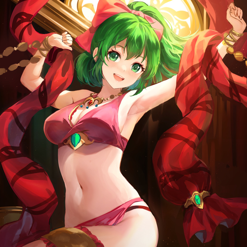 1girls 2023 :d absurdres armpits arms_up bare_shoulders bow bracelet breasts cleavage cowboy_shot dancer female female_only fire_emblem fire_emblem:_genealogy_of_the_holy_war green_eyes green_hair hair_ornament hair_ribbon halterneck highres jewelry jurge lene_(fire_emblem) long_hair looking_at_viewer medium_breasts midriff navel necklace nintendo open_mouth pink_bow ponytail sidelocks smile solo