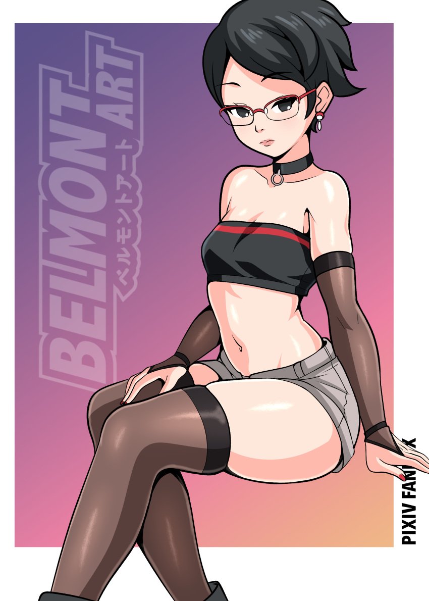 1girls arm_sleeves belly_button belmont black_eyes black_hair black_socks boruto:_naruto_next_generations boruto:_two_blue_vortex breasts choker earrings female female_only glasses looking_at_viewer nail_polish naruto naruto_(series) red_nail_polish red_nails sarada_uchiha short_hair short_shorts shorts small_breasts small_waist smaller_female socks solo thick_thighs thigh_socks thighhighs thighs tubetop