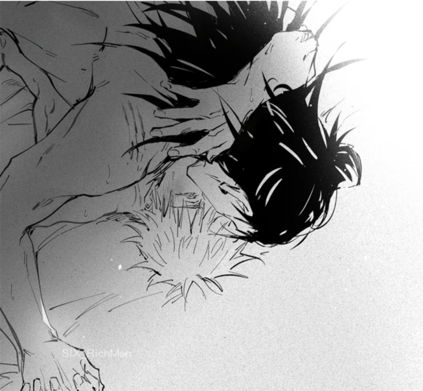 2023 2boys bed black_and_white black_hair blushing boy_on_top boyfriends chest_to_chest eyes_closed gay gay_male hand_holding jujutsu_kaisen kissing long_hair male/male muscles pinned_to_bed satoru_gojo scratches short_hair six_richman suguru_geto white_hair yaoi