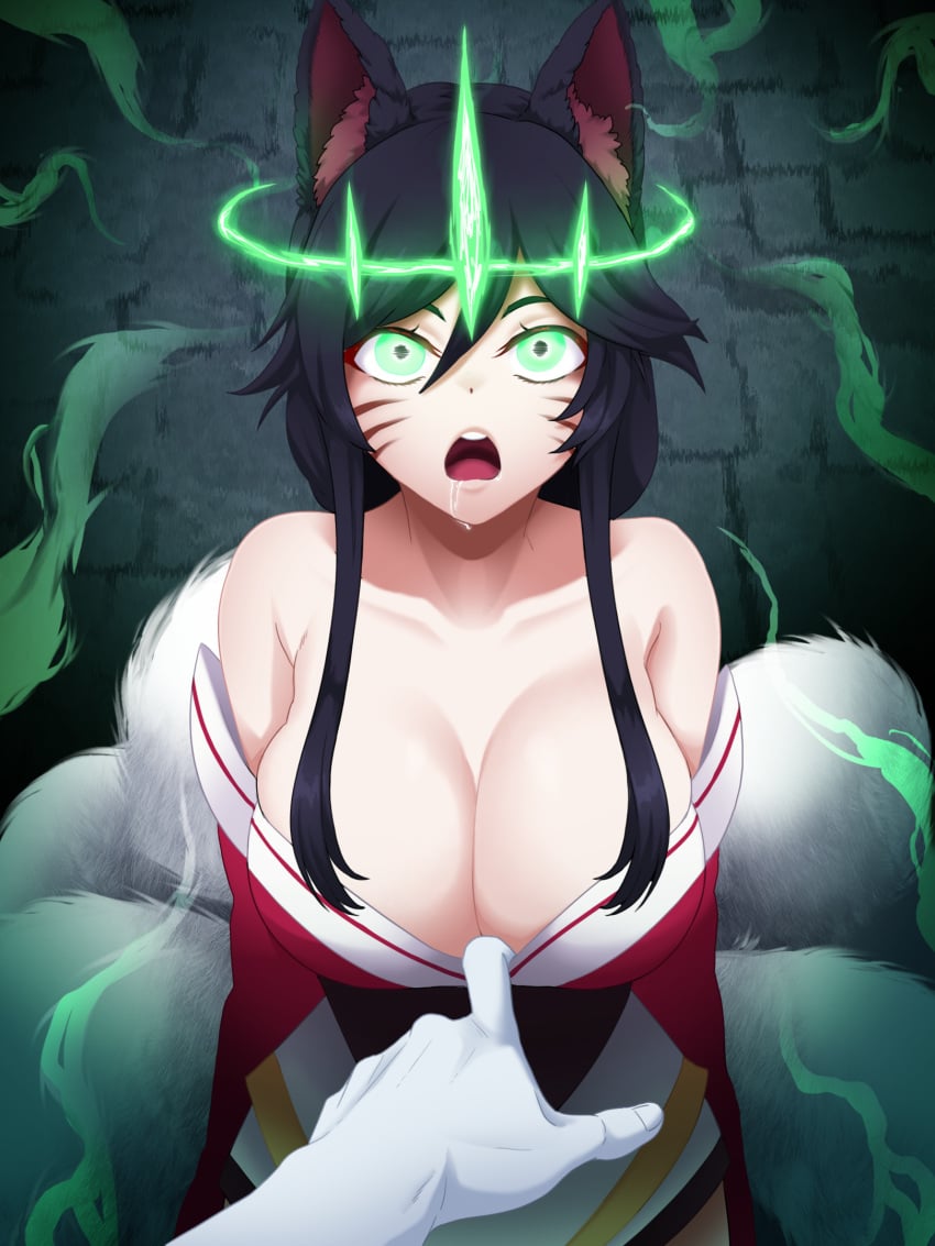 1boy 1girls 9_tails ahri black_hair cleavage drooling female fox_ears fox_tail glowing_eyes green_eyes huge_breasts hypnosis incognigoat kitsune league_of_legends league_of_legends:_wild_rift mind_control nine_tailed_fox riot_games ruination ruined_king_symbol undressing vastaya viego_(league_of_legends) whisker_markings