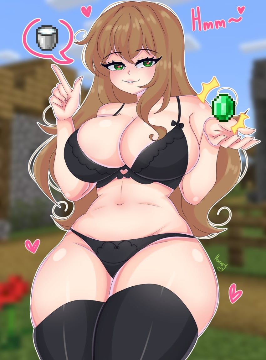 black_bikini black_legwear bucket bucket_of_milk emerald_(gem) female heart heart-shaped_pupils honeybee_0u0 milk minecraft thighhighs villager_(minecraft)