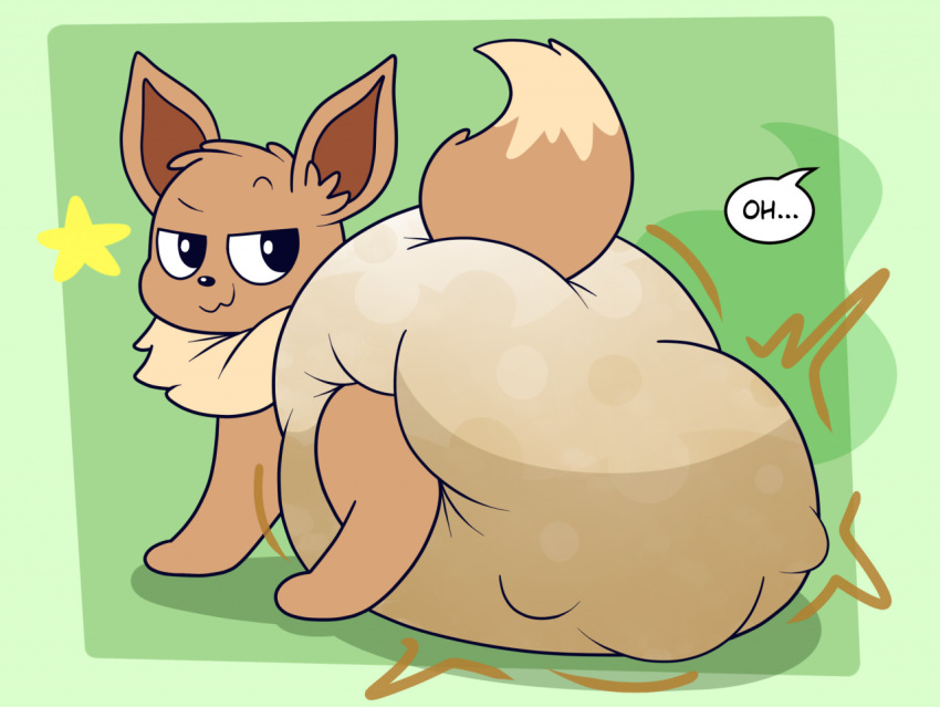 brown_fur dialogue dialogue_box diaper diaper_entrapment diaper_stuffing eevee english_text feral messing messy_diaper nyxiette_nyxstar pokémon_(species) pokemon scat smug