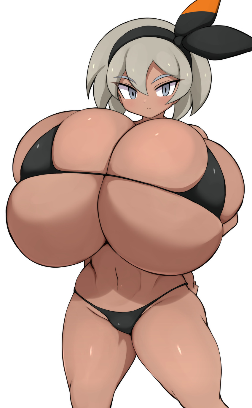 2023 alternate_breast_size bea_(pokemon) big_breasts bikini breasts_bigger_than_head bursting_breasts female female_only game_freak gigantic_breasts huge_breasts hyper hyper_breasts jaga334 nintendo oversized_breasts pokemon pokemon_ss short_hair small_bikini tan tan-skinned_female tan_skin tight_clothing