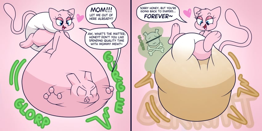 comic death dialogue dialogue_box diaper digestion digestion_noises disposal english_text fatal_vore legendary_pokemon messing messy_diaper mew mewtwo mother_and_son mother_pred nyxiette_nyxstar pokemon pokemon_(species) post_vore post_vore_scat scat son_prey vore