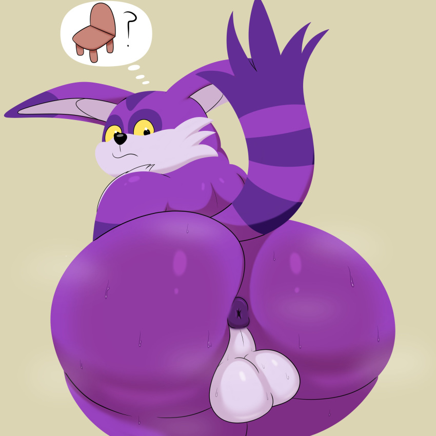 absurd_res anthro anus ass backsack balls bent_over big_butt big_the_cat bodily_fluids domestic_cat felid feline felis fur genitals hi_res male male_only male_solo mammal overweight perineum presenting presenting_anus purple_body purple_fur sega solo sonic_(series) sonic_the_hedgehog_(series) sweat yellow_eyes zipzap