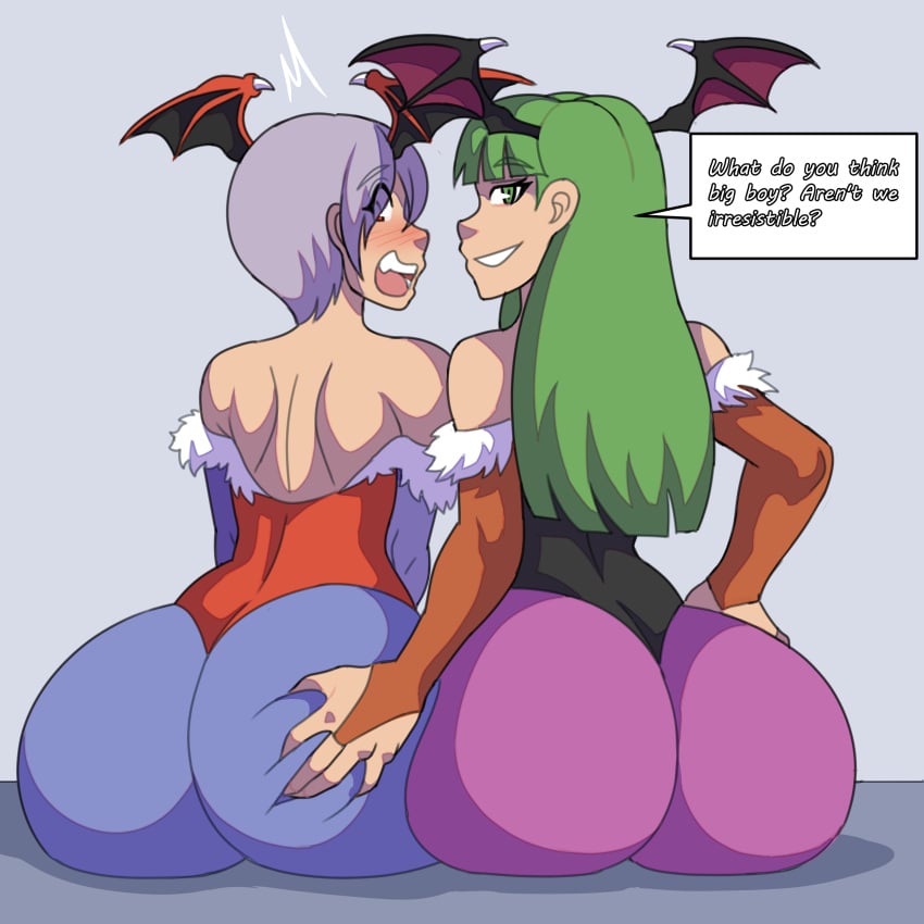 2demons 2girls ass big_ass big_butt capcom clothing darkstalkers demon demon_girl demon_girls demon_wings demons groping_ass head_wings lilith_aensland morrigan_aensland sisters succubi succubus succubus_costume succubus_wings sunnyhero talking_to_viewer