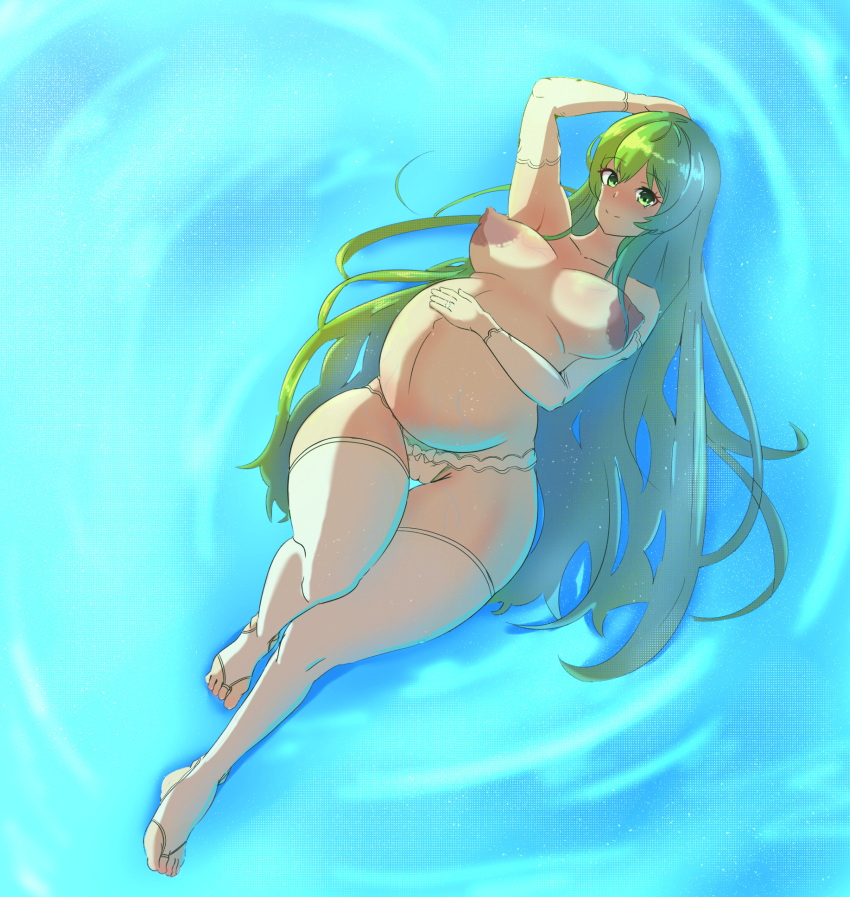 1girls bare_thighs breasts eine_(artist) erinys_(fire_emblem) female female_only fire_emblem fire_emblem:_genealogy_of_the_holy_war green_eyes green_hair kata_(artist) large_breasts long_hair looking_at_viewer nintendo nipples panties partially_visible_vulva pregnant smile solo thick_thighs thighhighs thighs topless underwear water white_panties