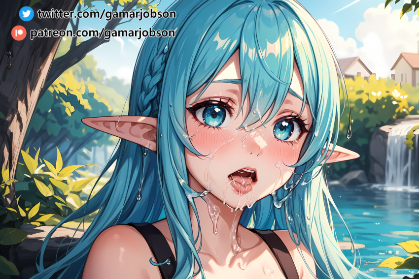 ai_generated blue_eyes blue_hair blush dripping elf elf_ears elf_female elf_girl face_focus gamarjobson hi_res mouth_drool open_mouth patreon patreon_username pov saliva twitter_username water