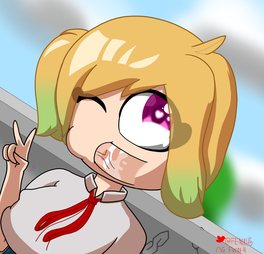 blonde_hair blowjob chica_(fnafhs) fenix_h fnafhs fully_clothed heart-shaped_pupils offscreen_character one_eye_closed outside peace_sign purple_eyes school_uniform schoolgirl short_hair side_ponytail unseen_male_face