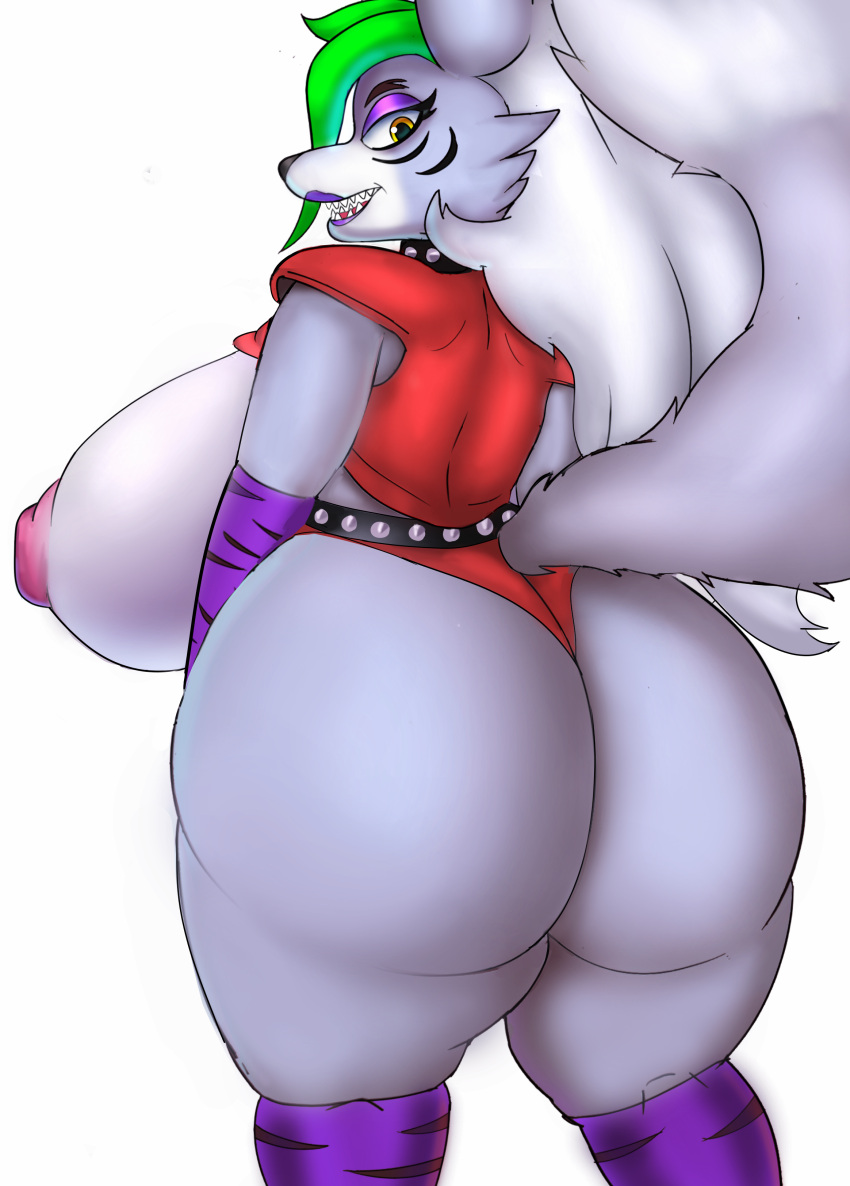 2022 absurd_res anthro areola armwear ass big_breasts big_butt big_tail black_nose bottomwear breasts canid canine canis capikeeta clothed clothing collar curvy_figure digital_media_(artwork) eyeshadow female five_nights_at_freddy's five_nights_at_freddy's:_security_breach fur furry green_hair grey_body grey_tail hair hi_res huge_breasts huge_butt hyper hyper_breasts lipstick long_tail looking_at_viewer looking_back makeup mammal multicolored_hair nipples open_mouth pink_areola pink_nipples portrait purple_eyeshadow purple_lipstick red_bottomwear red_clothing red_topwear roxanne_wolf_(fnaf) scottgames simple_background skimpy solo spiked_collar spikes standing steel_wool_studios tail teeth thick_thighs three-quarter_portrait tongue topwear two_tone_hair voluptuous white_background white_hair wide_hips wolf yellow_eyes