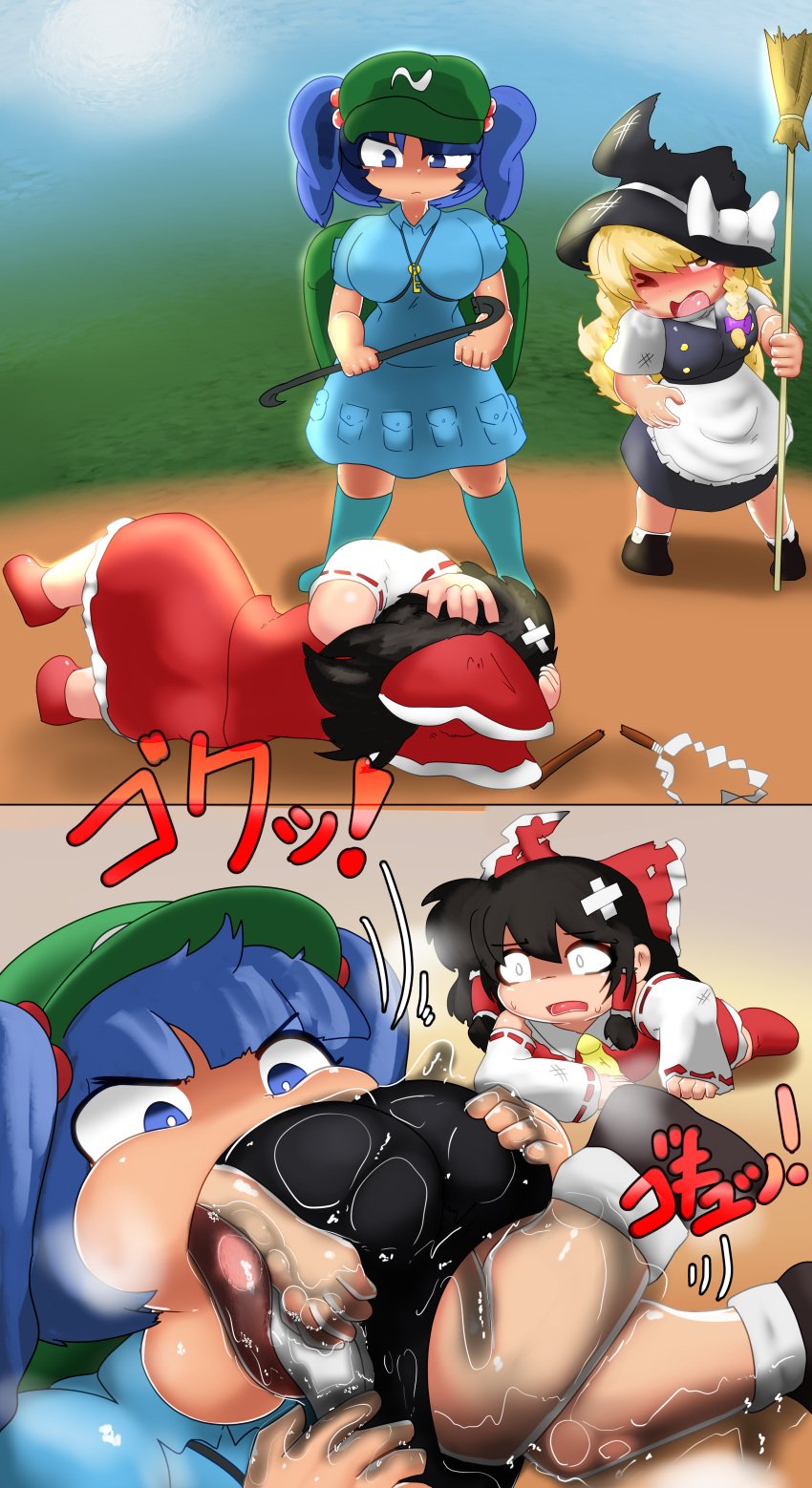 bandage beaten beaten_up black_hair blonde_hair blue_dress blue_hair bow clothing female_pred female_prey green_cap hughoftheskies marisa_kirisame multiple_girls nitori_kawashiro reimu_hakurei small_breasts swallowing swallowing_whole tagme thick_ass thick_thighs touhou vore witch_hat