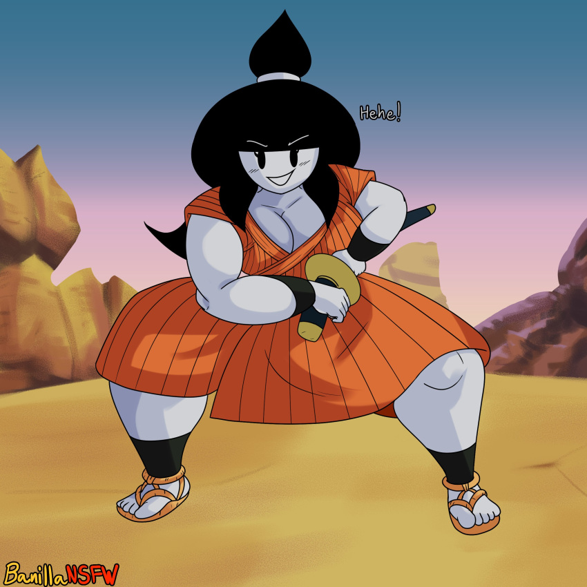 1girls banillansfw barefoot black_hair breasts cleavage dragon_ball dragon_ball_z eyebrows_visible_through_hair female female_only flip_flops footwear full_body katana looking_at_viewer original original_character sandals smile smug solo solo_female sword vivia_(banillansfw) yajirobe