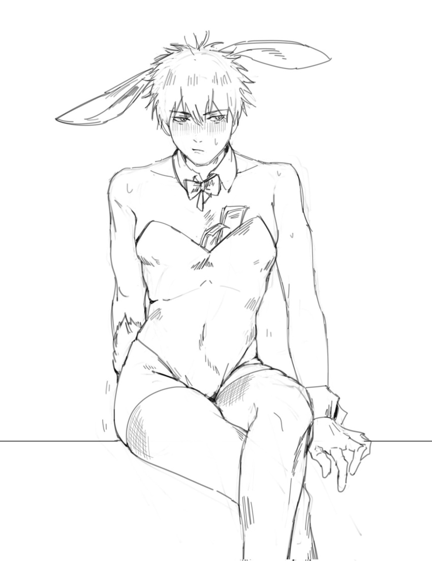 blush bowtie bunny_boy bunny_ears bunnysuit buyaozaoqi crossdressing detached_collar dollar_bills embarrassed gintama hijikata_toshiro male male_only male_playboy_bunny money money_under_clothes monochrome sitting sketch solo sweat sweatdrop thighhighs